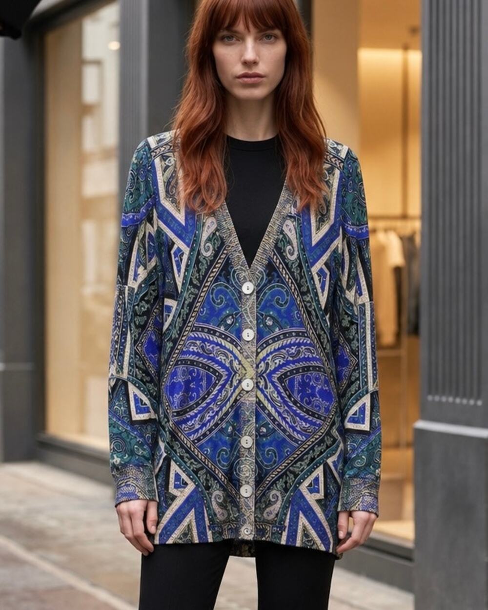 Lightweight Paisley Mixed Print Cobalt Cardigan Womens XL Ribbed Metallic Edges